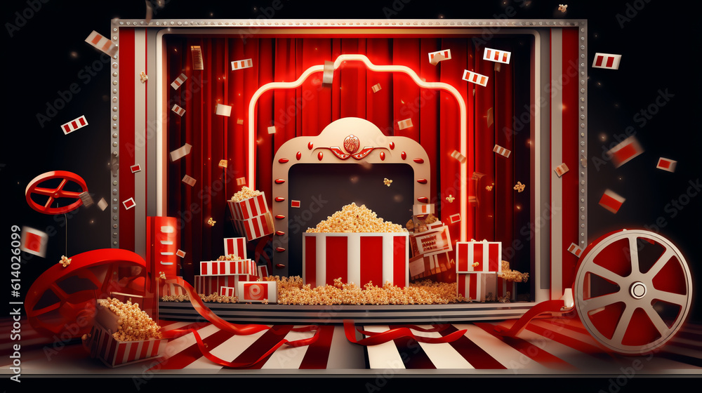 Poster generative ai cinema hall with screen and red seats. and also includes eps 10 vector
