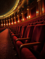 Generative AI Rows of Emply Red Theatre Seats with Descending Circles of Light Pouring in from the Windows and Dark Moody Shadows