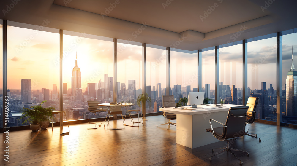 Aufkleber Generative AI Modern office with open space to work thought the window and background city.