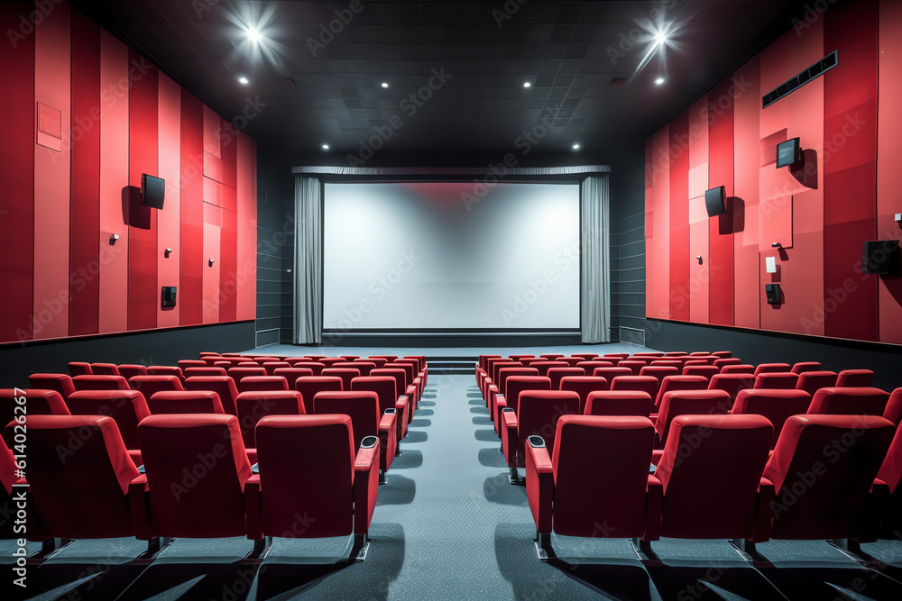Aufkleber generative ai interior of empty dark cinema with rows of red seats with cup holders and popcorn. con
