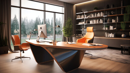 Generative AI Director's office with large wooden table and comfortable armchairs. Interior design