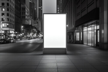 Fototapeta premium Generative AI Blank white mockup of bus stop vertical billboard in front of empty street background