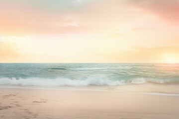 Serene sandy beach with clear blue waves at shore. Soft light, copy space. Generative AI