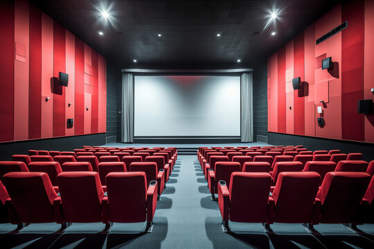 Generative AI Interior of empty dark cinema with rows of red seats with cup holders and popcorn. Concept of entertainment. 3d rendering toned image