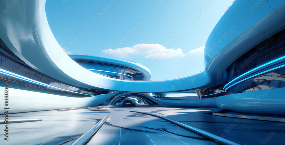 Poster Generative AI Abstract futuristic architecture curved style common use. Modern buildings, city of the future. Futuristic city mall for sci-fi graphic backgrounds. 3D illustration.