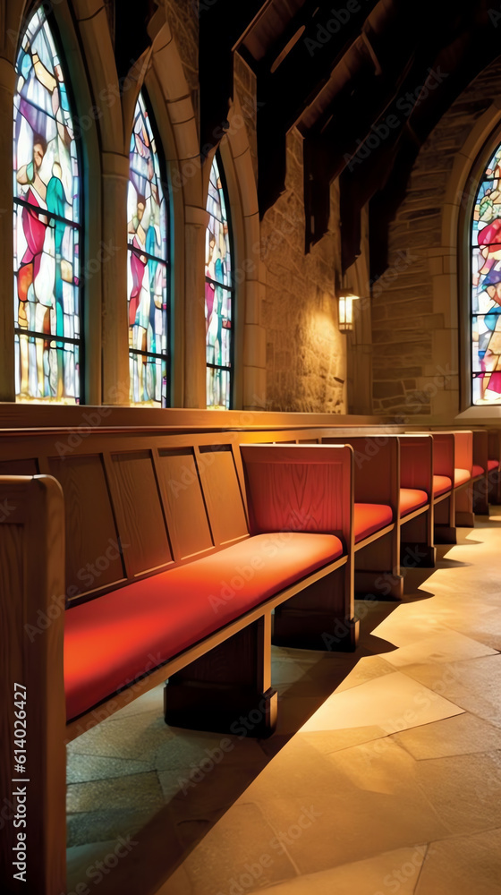 Poster generative ai empty church pews with heavenly light.