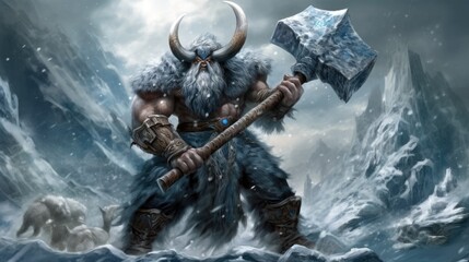 A frost giant barbarian who wields an enormous battle axe. - obrazy, fototapety, plakaty