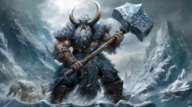 A frost giant barbarian who wields an enormous battle axe.