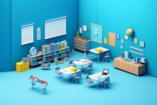 Generative AI modern blue classroom. 3d rendering