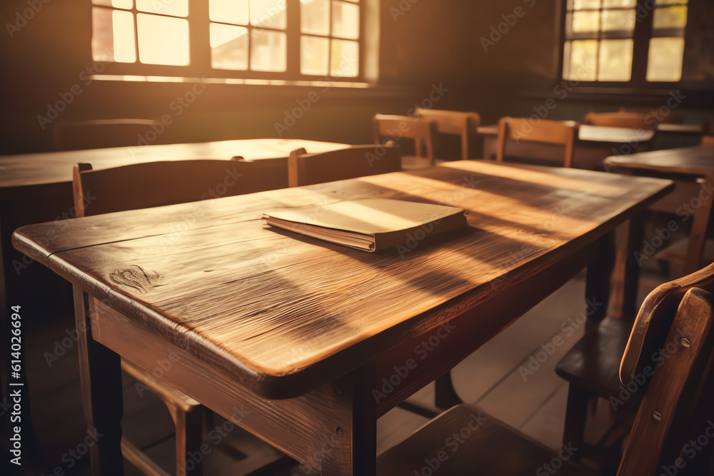 Poster Generative AI Empty classroom with a lot of chair with no student. Empty classroom with vintage tone wooden chairs. Back to school concept.