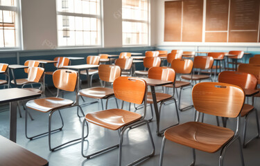Fototapeta premium Generative AI Classroom without student, interior of row empty school in India
