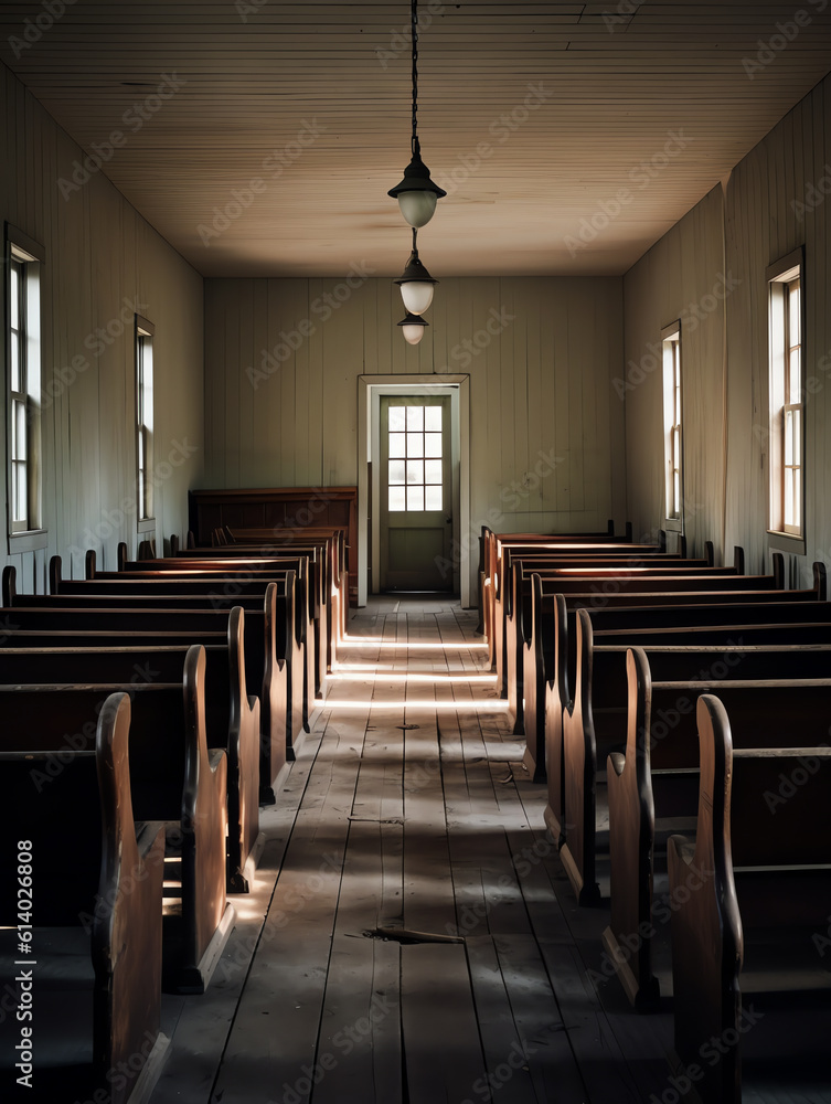 Poster generative ai inside of chapel with white pews