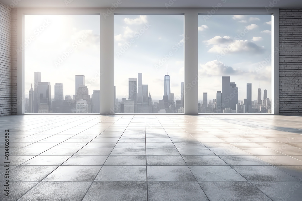 Poster generative ai empty square floor and city skyline with buildings at sunset in shanghai.