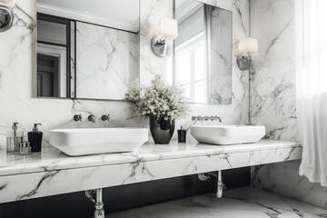 Illustration of two sinks in a panoramic white marble bathroom. Bathroom sinks with contemporary design. Bathroom of a modern apartment. Realistic 3D illustration. Generative AI