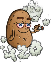 A baked potato cartoon character standing over a puff of smoke shaped like 420 and and smoking a big fat marijuana joint - 614026823