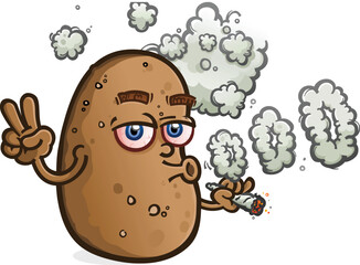 A baked potato cartoon character blowing smoke rights and flashing the peace sign and smoking a big fat marijuana joint vector clip art - 614026825