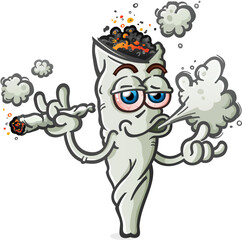 Marijuana joint cartoon character sparking up and smoking a fat doobie and blowing a smoke cloud 