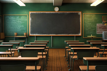 Generative AI Empty classroom with chairs, desks and chalkboard. - obrazy, fototapety, plakaty