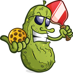 Pickle cartoon mascot with attitude wearing sunglasses ready to serve up an exciting game of pickleball on the courts - 614026895