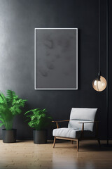 Generative AI Living room interior room concrete wall mockup has an armchair on empty dark wall background.3d rendering