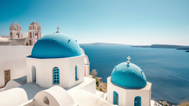 Generative AI Greek Islands, small church or chapel, hill over the sea coast, seascape horizon, Schinoussa Chora view