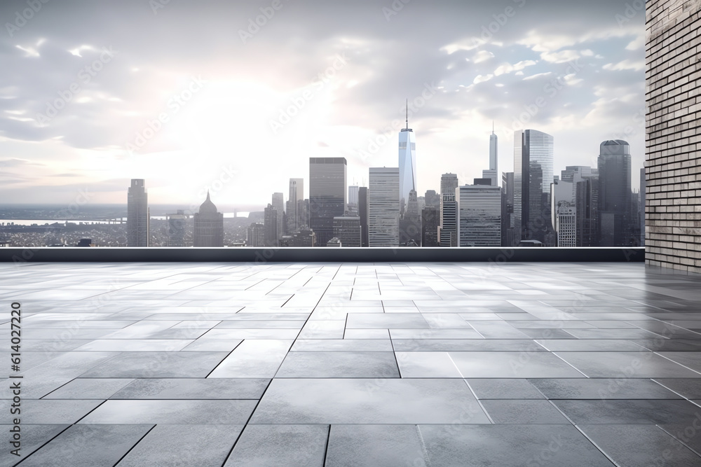 Poster generative ai panoramic skyline and buildings with empty concrete square floor