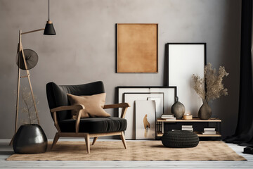 Generative AI Stylish scandinavian composition of living room with design armchair, black mock up poster frame, commode, wooden stool, book, decoration, loft wall and personal accessories in modern ho