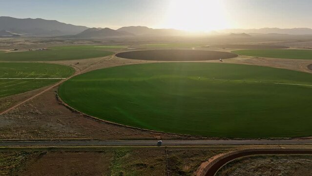 Aerial shot of car driving on dirt road in near pivots with green farm growth in Willcox, Arizona, wide side angle drone shot
