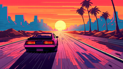 Obraz na płótnie Canvas Car racing on street sunset, illustration, pixel art, game art, retro futuristic, generative AI