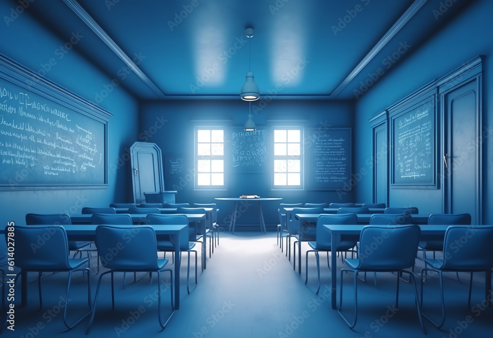 Aufkleber generative ai an empty large lecture room / university classroom with blue chairs