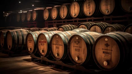 Fotobehang Oak barrels for beer fermentation in breweries. generative ai © tong2530