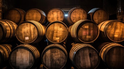 Oak barrels for beer fermentation in breweries. generative ai