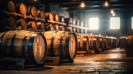 Oak barrels for beer fermentation in breweries. generative ai