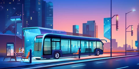 Fotobehang Auto cartoon Generative AI City street with bus stop in rain at night. Town landscape with public transport station with glass shelter, car road and buildings in rainy weather, vector cartoon illustration