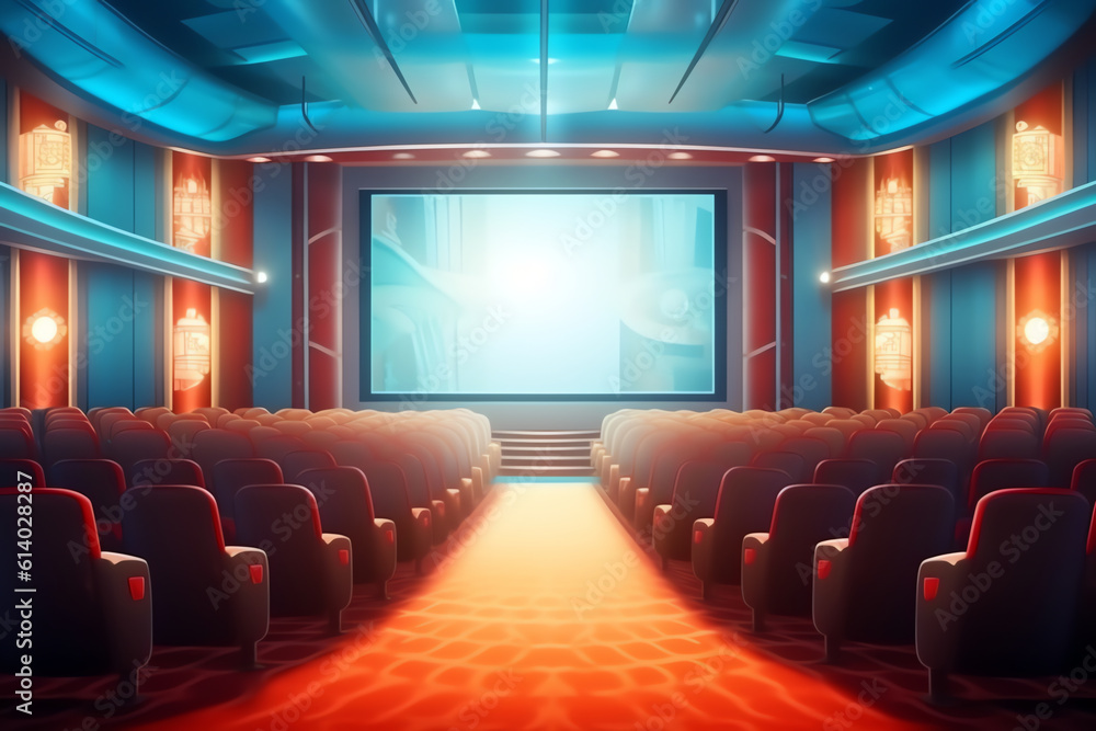 Leinwandbilder generative ai movie theater with empty seats and big white screen. with color filter. 3d render