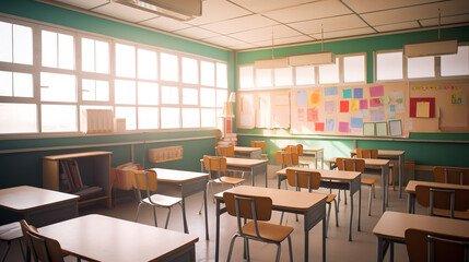 Fototapeta na wymiar Generative AI Empty School classroom with desks chair wood, and green board in high school Thailand, vintage tone education concept