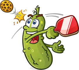 Pickle cartoon character taking a fast swing and hitting a pickleball over the net while having a great time playing the game - 614028257