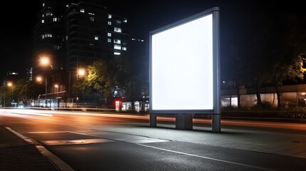 Obraz na płótnie Canvas Generative AI Bus stop billboard at night. Bus passing by