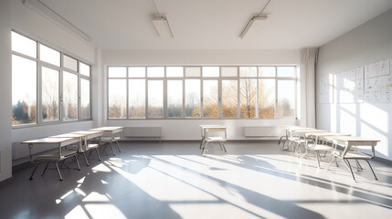 Obraz premium Generative AI Landscape image of an empty classroom.