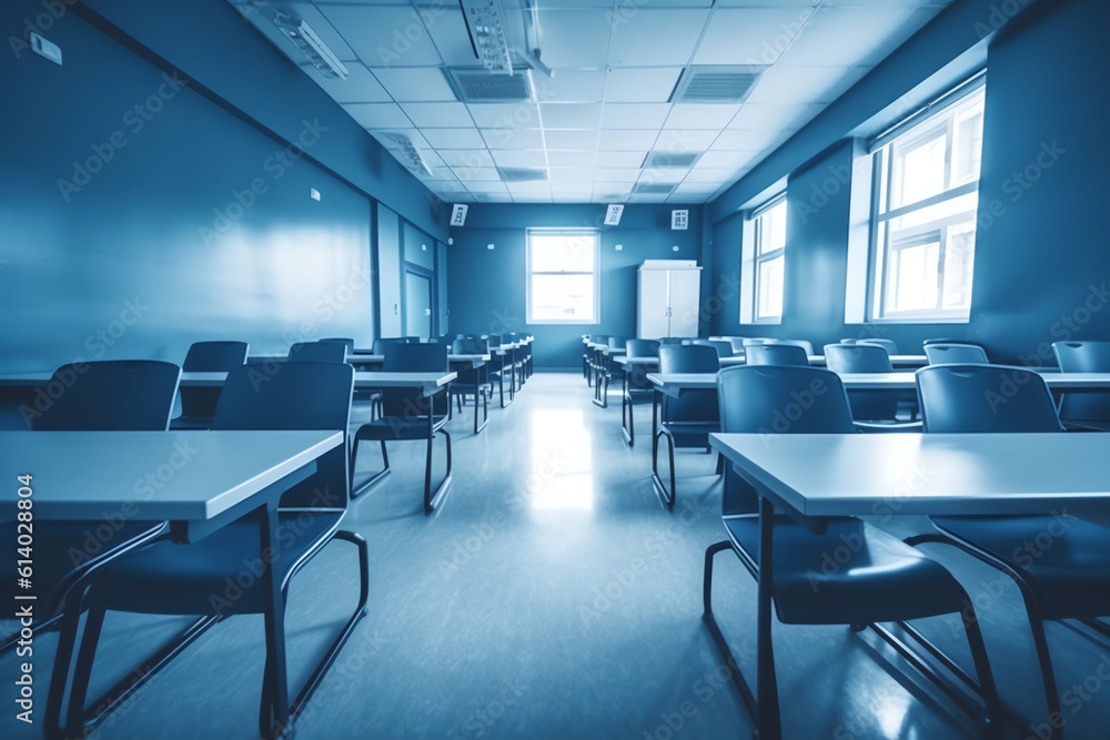Poster Generative AI Medical face blue mask on the wood lecture chairs place distancing in the empty classroom. Concept during the Coronavirus disease COVID-19 outbreak in the 2020s. Back to school concept.