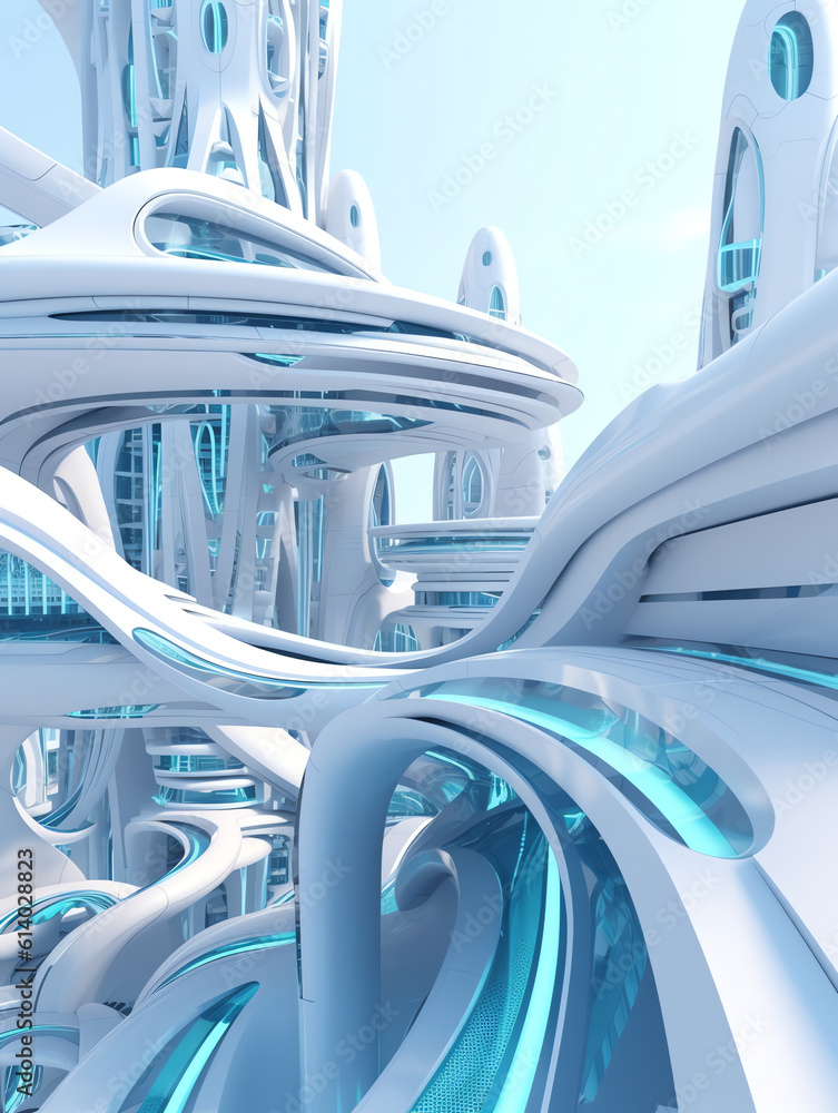 Poster Generative AI Abstract futuristic architecture curved style common use. Modern buildings, city of the future. Futuristic city mall for sci-fi graphic backgrounds. 3D illustration.