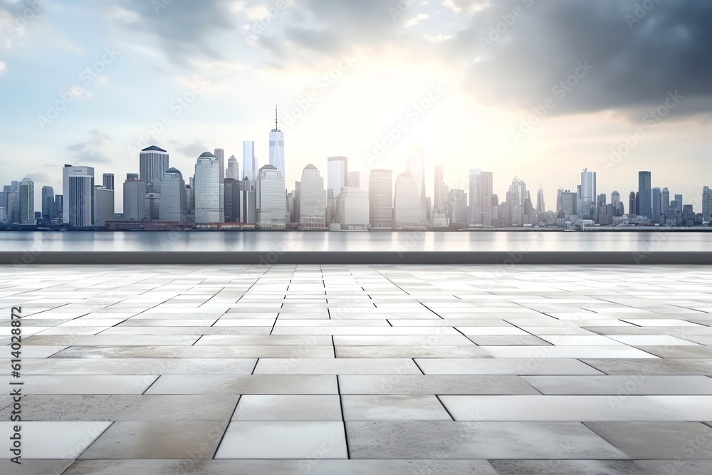 Poster generative ai empty brick floor with cityscape and skyline