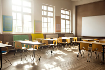 Generative AI Empty classroom with desks, chairs and chalkboard.
