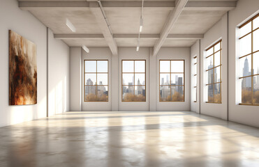 Fototapeta na wymiar Generative AI Corner of empty panoramic industrial style office with white walls, concrete floor, row of lamps and windows with blurry cityscape. Concept of real estate. 3d rendering
