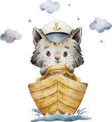 cute cat sailor watercolor illustration - obrazy, fototapety, plakaty