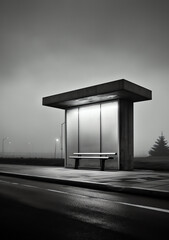 Generative AI Lonely empty bus stop at foggy night.