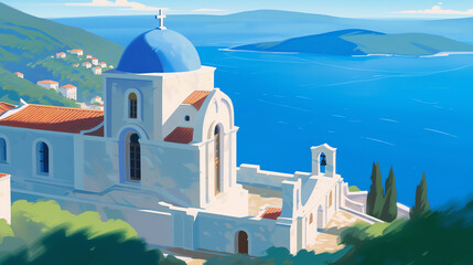 Fototapeta na wymiar Generative AI Greek Islands, small church or chapel, hill over the sea coast, seascape horizon, Schinoussa Chora view