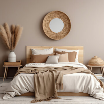 Generative AI Modern scandinavian and Japandi style bedroom interior design with bed terracotta color, wood panels on wall and floor. 3d render illustration.