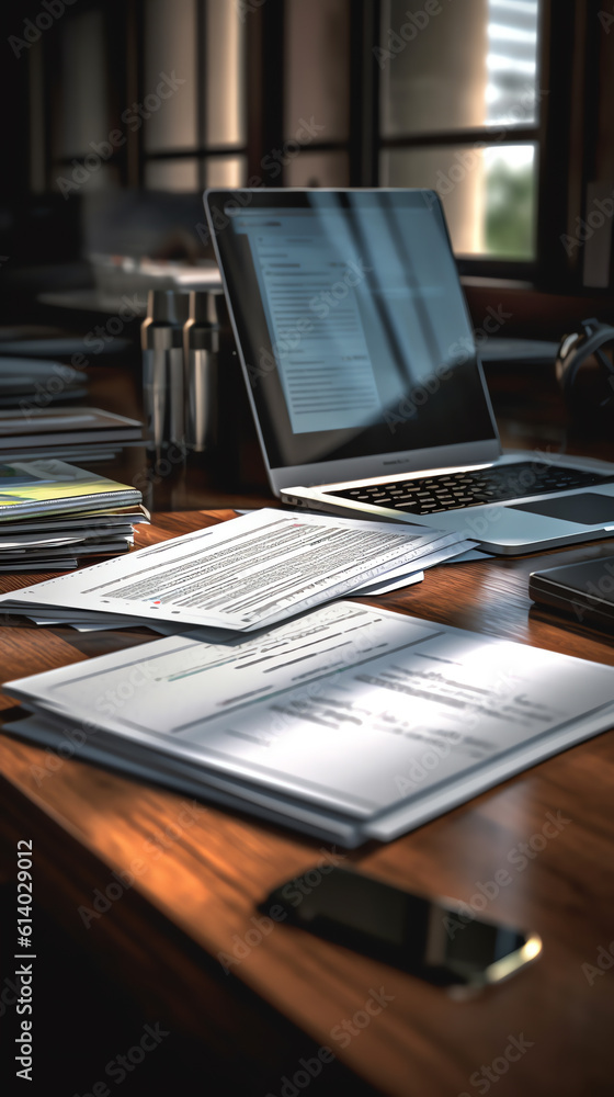 Poster generative ai manager working desk with laptop computer, document, paperwork and office suppliers.