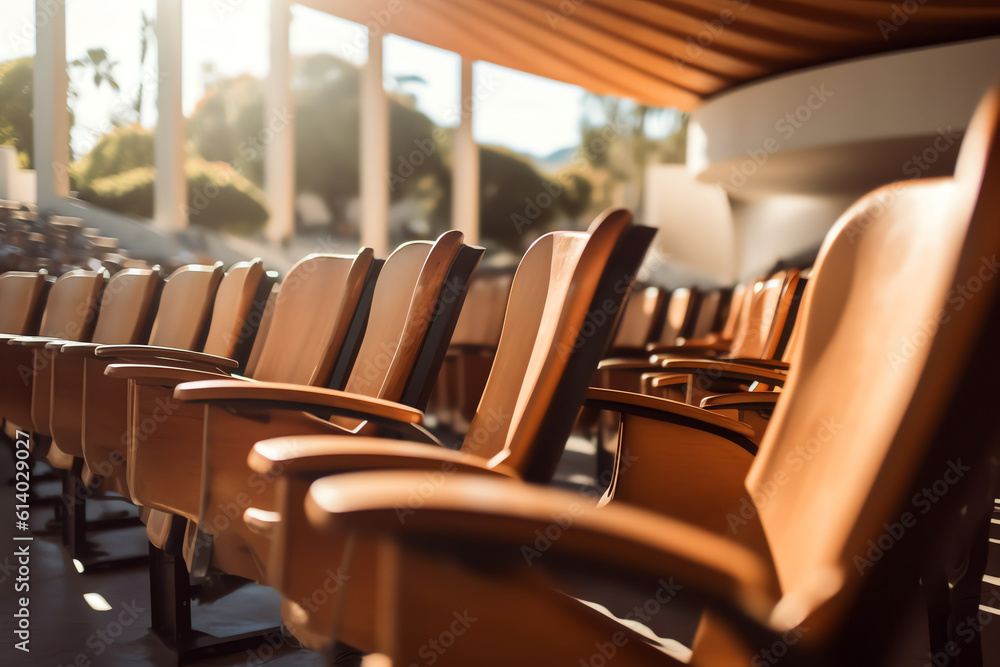 Aufkleber Generative AI Empty university classroom with many wooden chairs. Wooden chairs well arranged in college classroom. Empty classroom with vintage tone wooden chairs. Back to school concept.